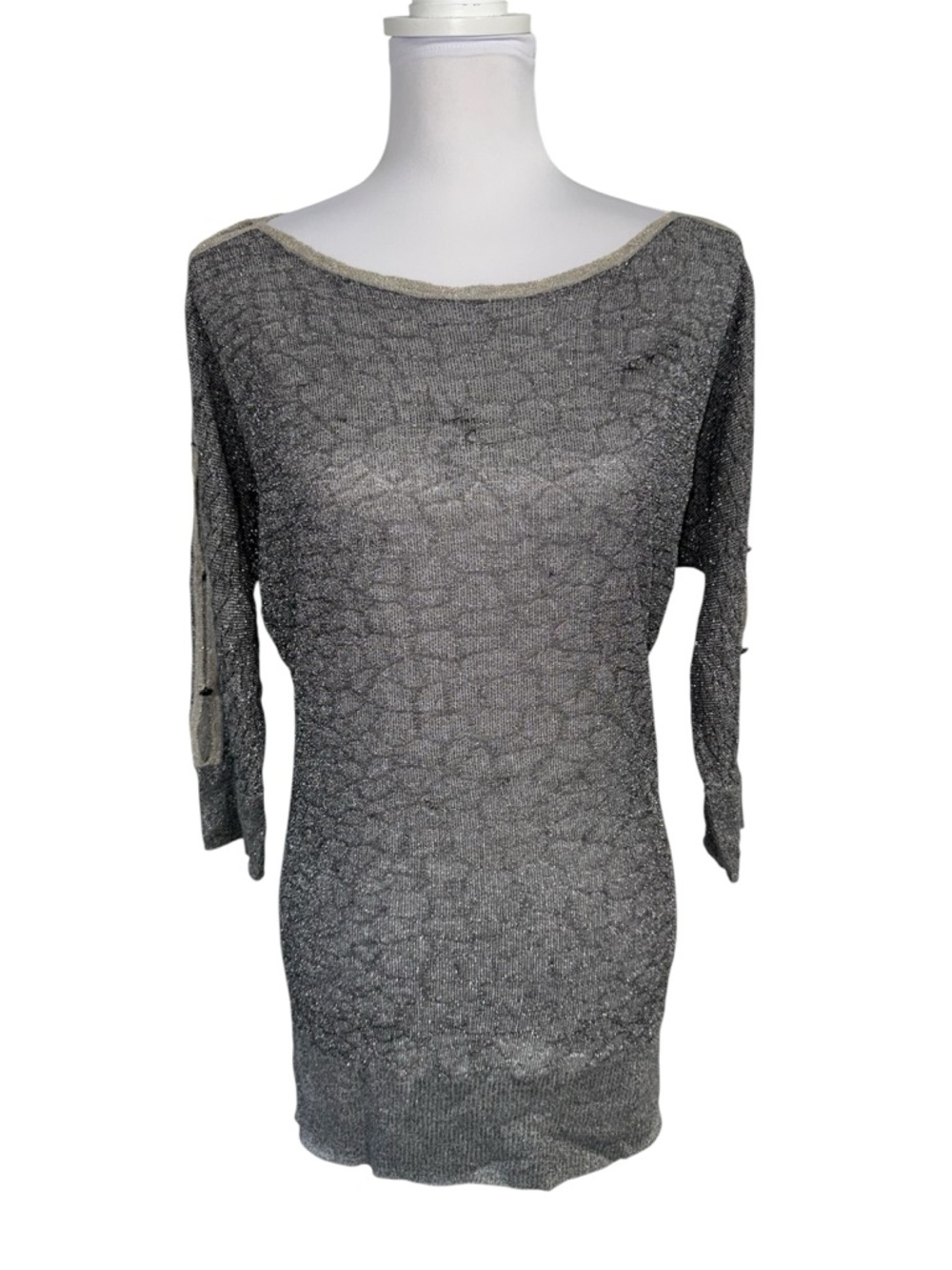 VTG Cache Gray Metallic Knit Lightweight Tunic M Boat Neck‎ 3/4 Sleeve Sparkly